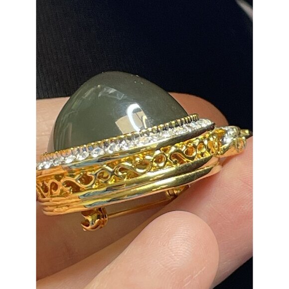 JOAN RIVERS Green Egg Shape Rhinestone Bow Gold-Tone Brooch Earrings Rare Set - Picture 5 of 16